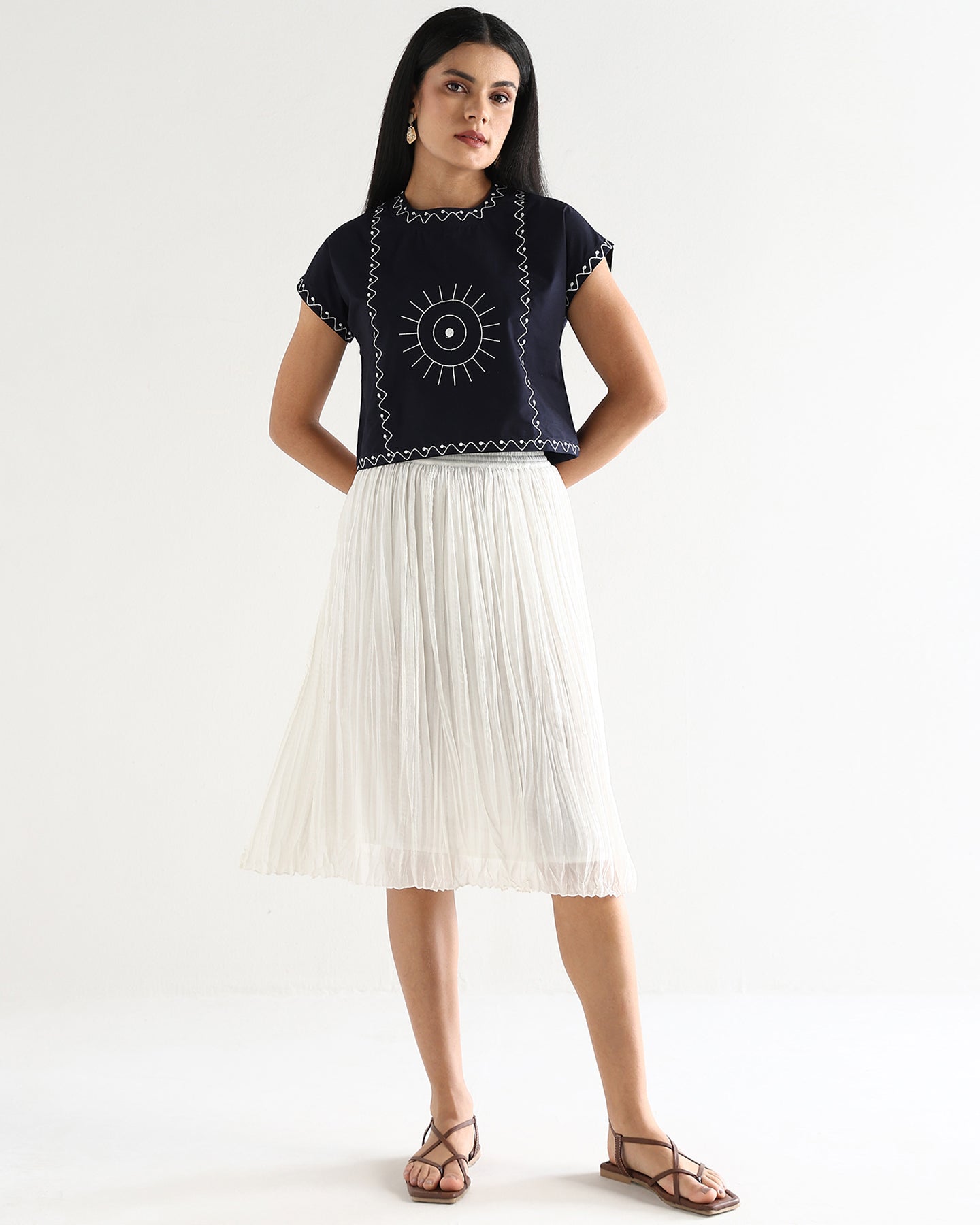 Women’s Blue Cotton Embroidered Top with Relaxed Fit Short Sleeve Boxy Top - 3112