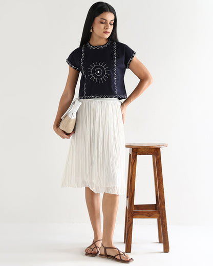 Women’s Blue Cotton Embroidered Top with Relaxed Fit Short Sleeve Boxy Top - 3112
