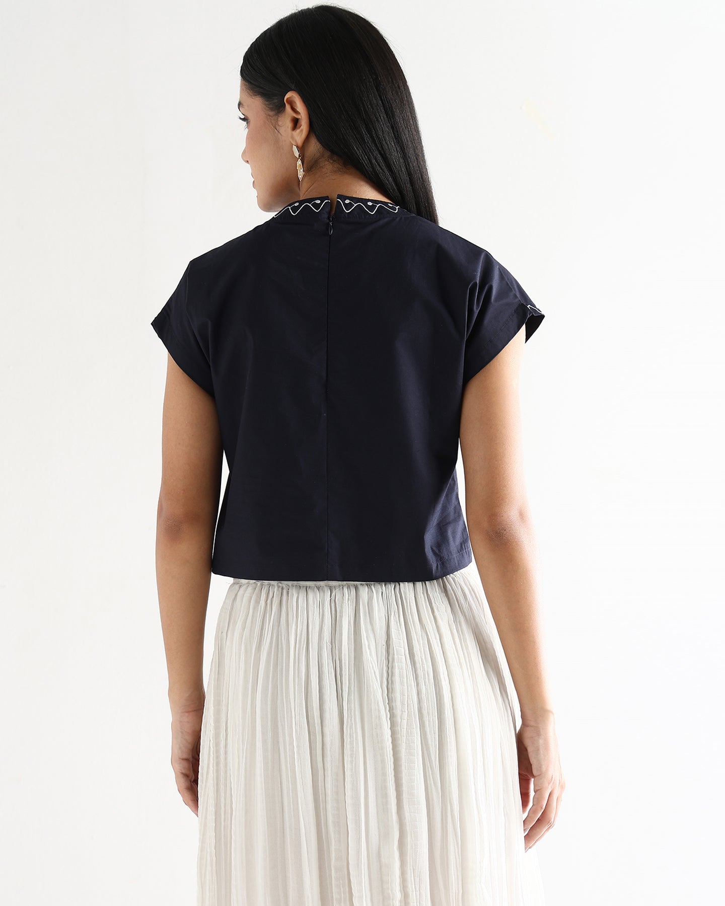 Women’s Blue Cotton Embroidered Top with Relaxed Fit Short Sleeve Boxy Top - 3112