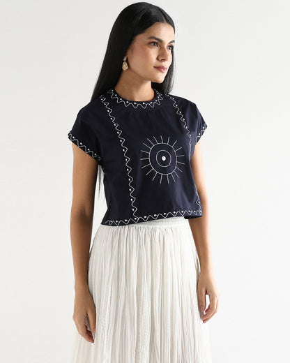 Women’s Blue Cotton Embroidered Top with Relaxed Fit Short Sleeve Boxy Top - 3112