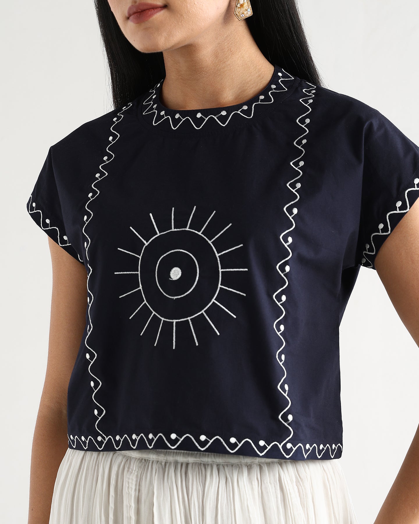 Women’s Blue Cotton Embroidered Top with Relaxed Fit Short Sleeve Boxy Top - 3112