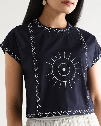 Women’s Blue Cotton Embroidered Top with Relaxed Fit Short Sleeve Boxy Top - 3112