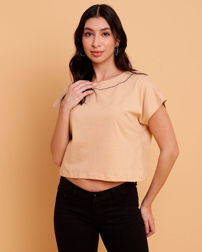 Nude Crop  T-Shirt with Embroidery on Neck - 2778