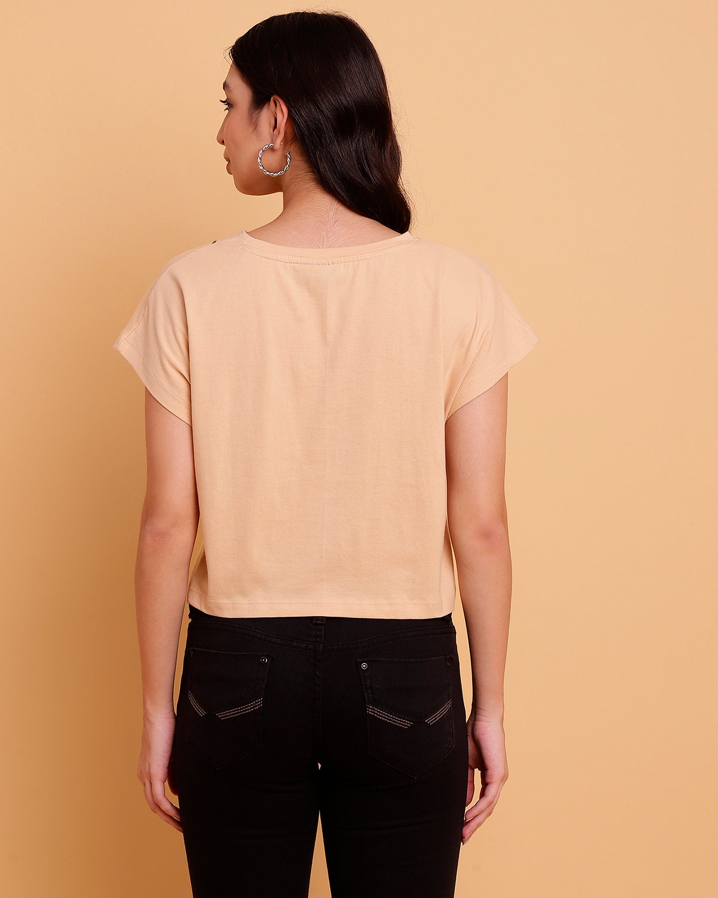 Nude Crop  T-Shirt with Embroidery on Neck - 2778