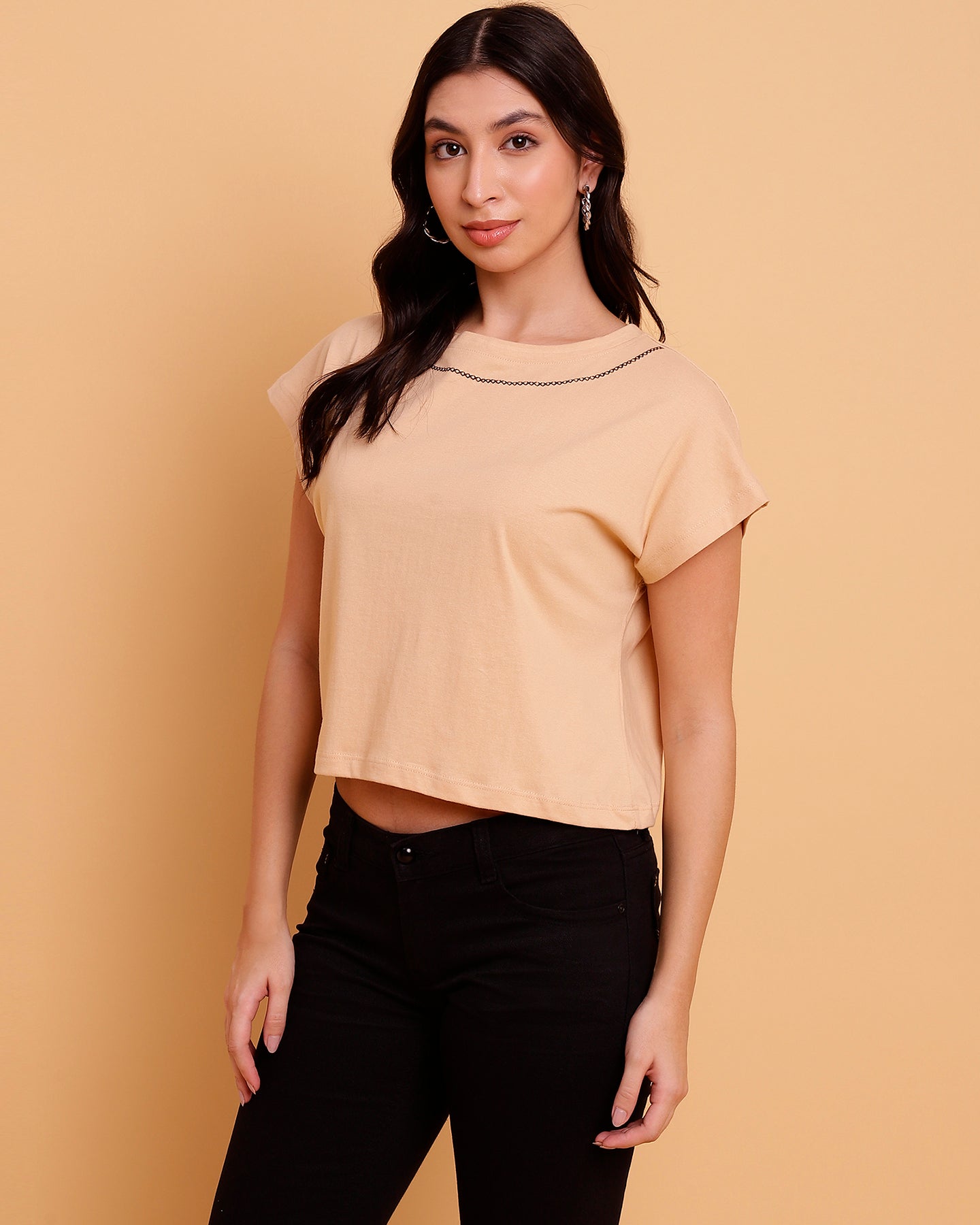 Nude Crop  T-Shirt with Embroidery on Neck - 2778