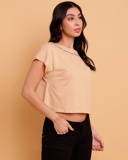 Nude Crop  T-Shirt with Embroidery on Neck - 2778