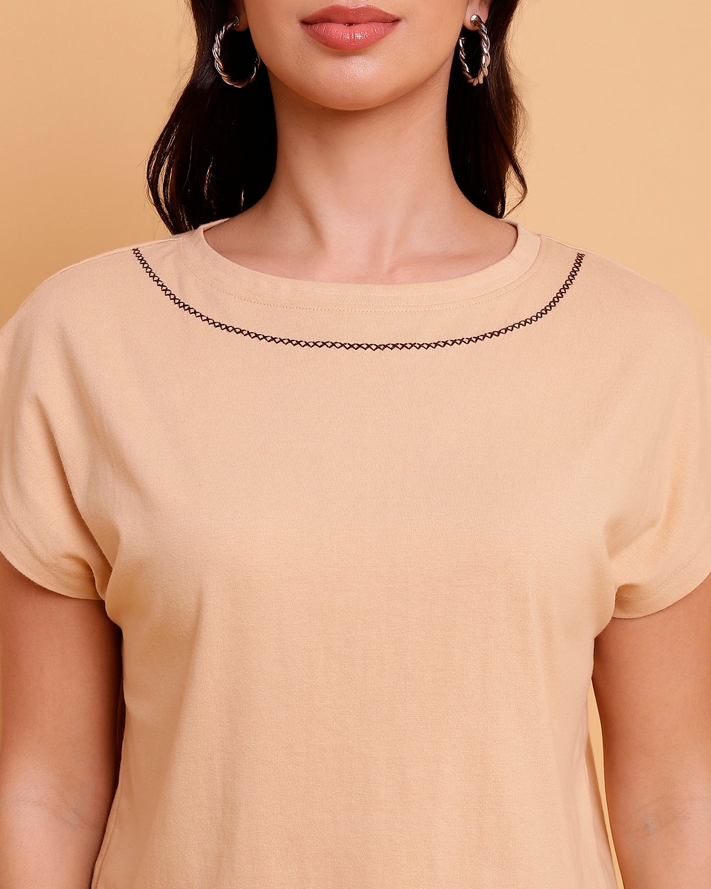 Nude Crop  T-Shirt with Embroidery on Neck - 2778