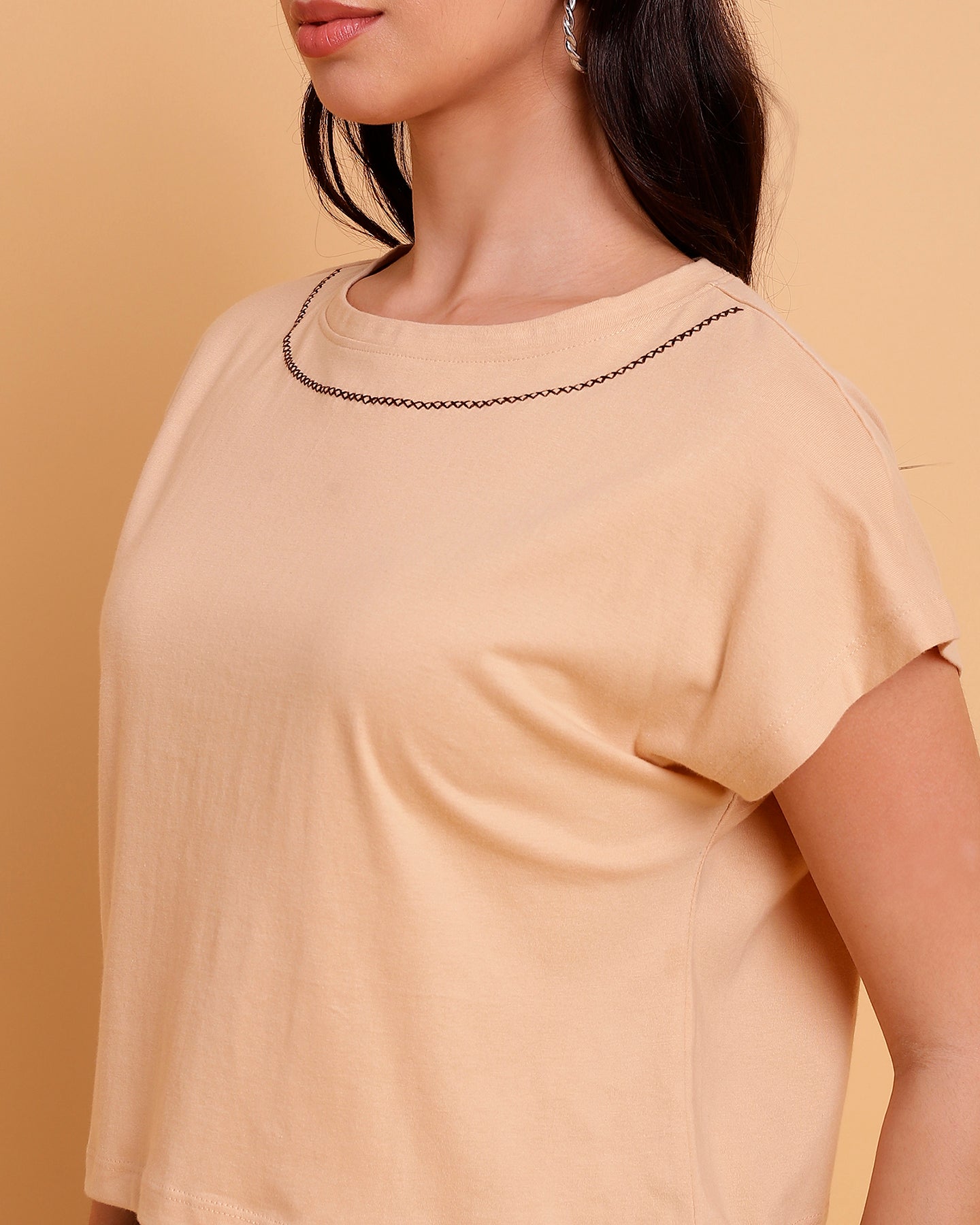 Nude Crop  T-Shirt with Embroidery on Neck - 2778