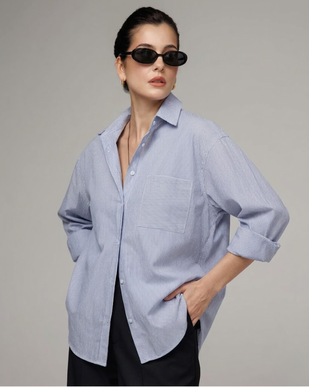 Women’s Blue Striped Oversized Shirt – Casual Relaxed Fit Button-Up- 2954