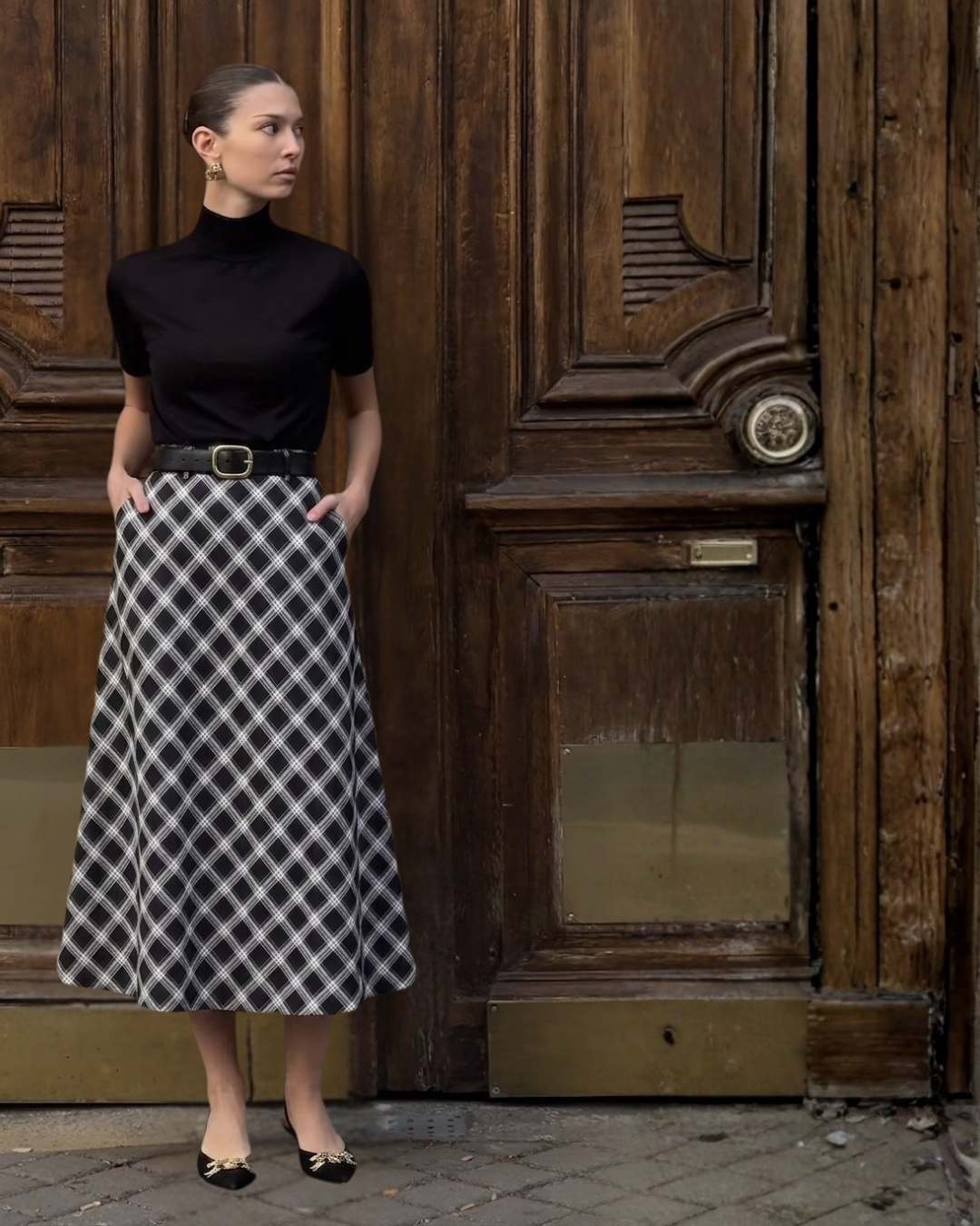 Women’s Black &amp; White Check High-Waist Bias-Cut A-Line Midi Skirt -3110