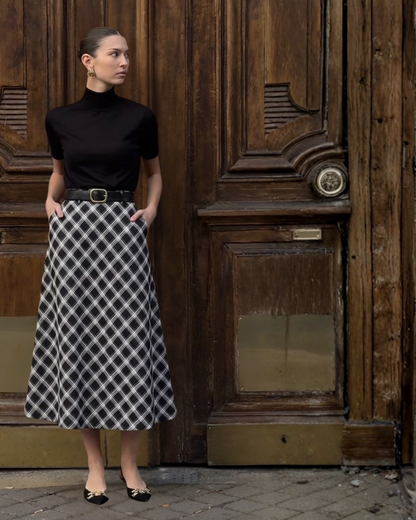 Women’s Black &amp; White Check High-Waist Bias-Cut A-Line Midi Skirt -3110