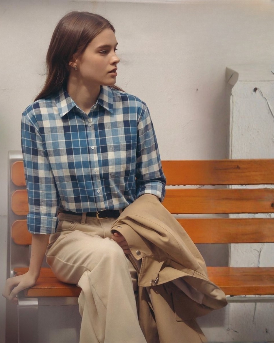 Women’s Blue Checked Oversized Button-Up Shirt-2953