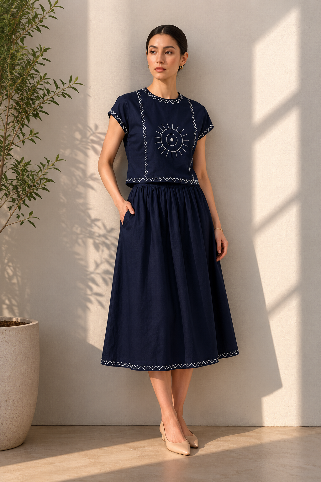 Women’s Embroidered Navy Blue Mock-Neck Crop Top &amp; knotted Skirt Co-ord Set - 3111