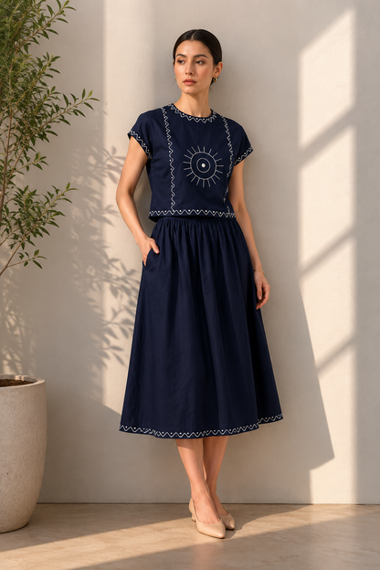 Women’s Embroidered Navy Blue Mock-Neck Crop Top &amp; knotted Skirt Co-ord Set - 3111
