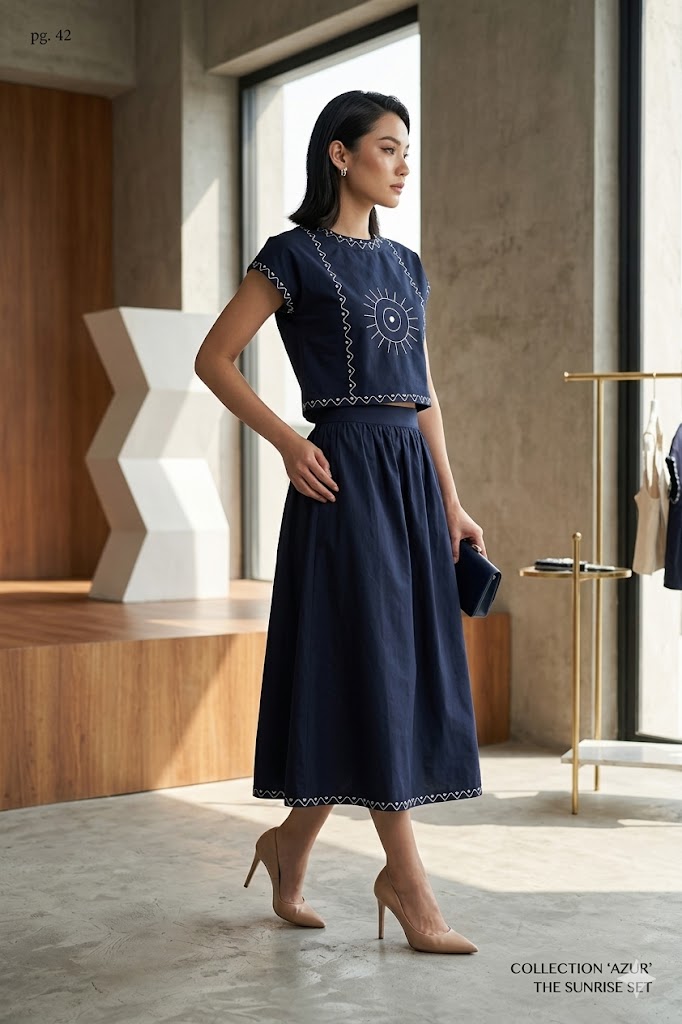 Women’s Embroidered Navy Blue Mock-Neck Crop Top &amp; knotted Skirt Co-ord Set - 3111