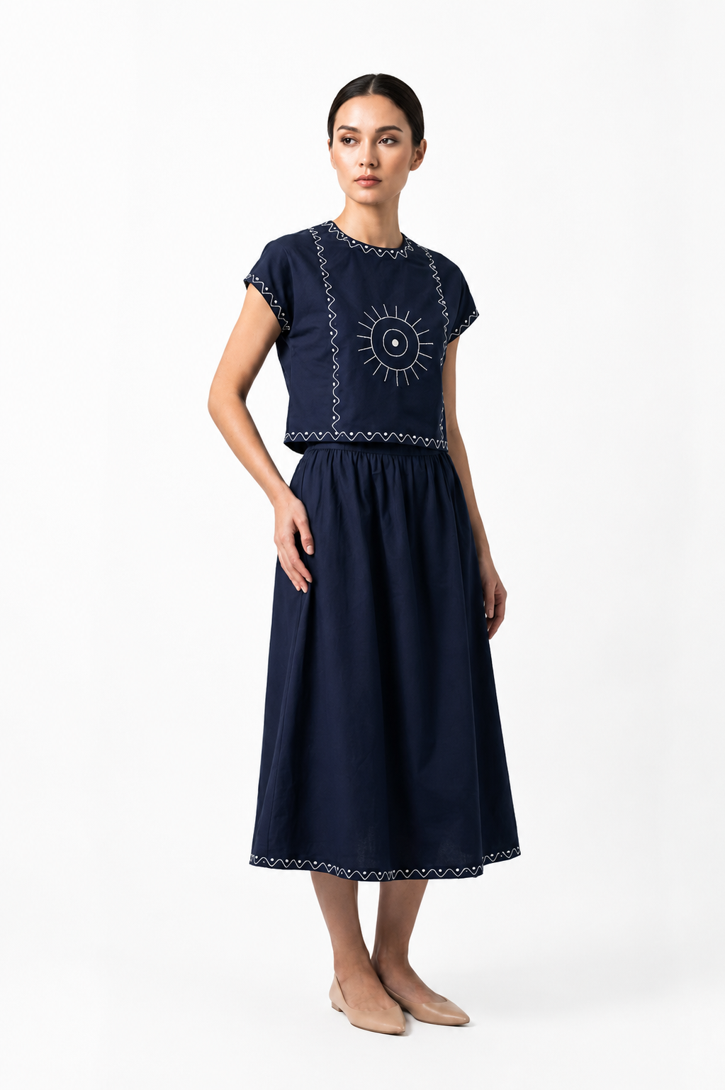 Women’s Embroidered Navy Blue Mock-Neck Crop Top &amp; knotted Skirt Co-ord Set - 3111