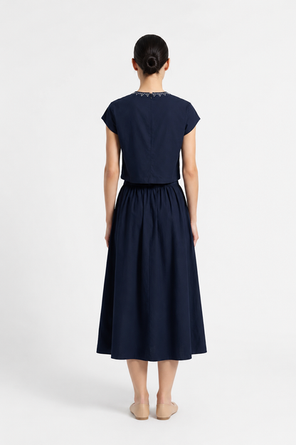 Women’s Embroidered Navy Blue Mock-Neck Crop Top &amp; knotted Skirt Co-ord Set - 3111