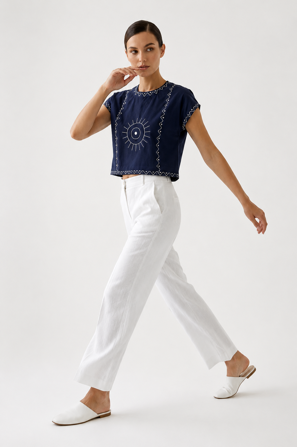 Women’s Blue Cotton Embroidered Top with Relaxed Fit Short Sleeve Boxy Top - 3112