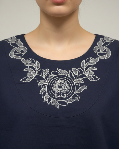 Women’s Embroidered Navy Blue Poplin Regular Fit Top -3106