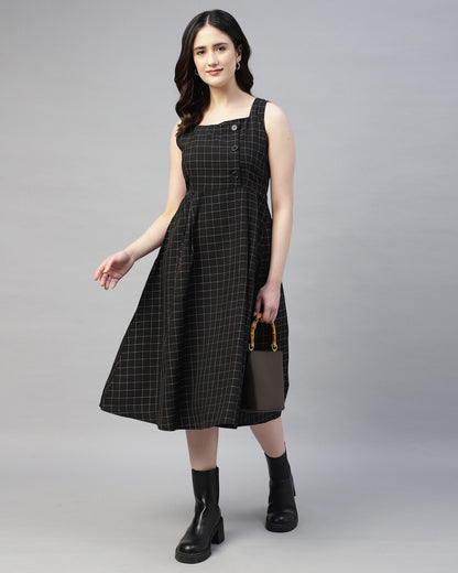 BLACK BUTTONED PLAID PINAFORE DRESS-2949