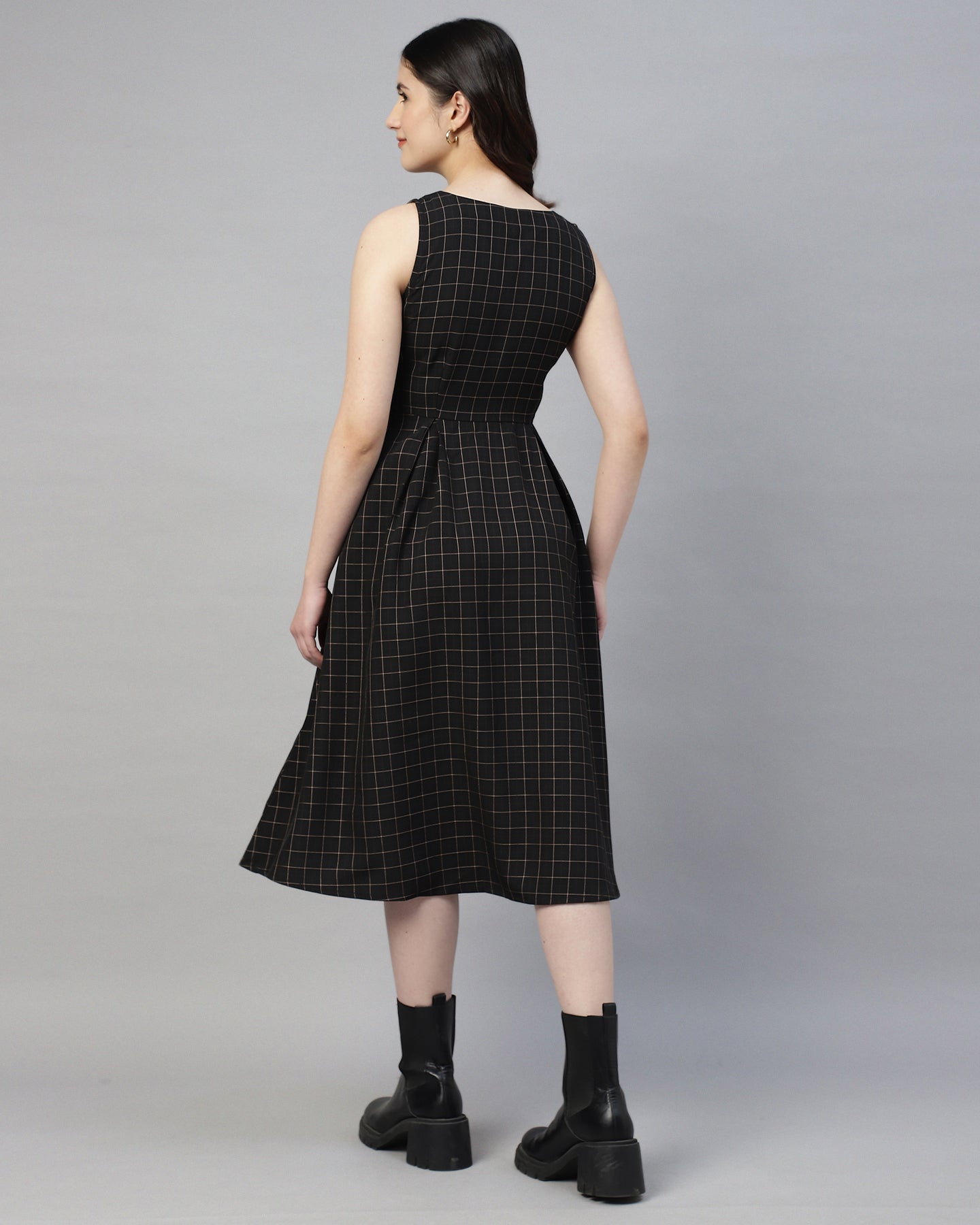 BLACK BUTTONED PLAID PINAFORE DRESS-2949