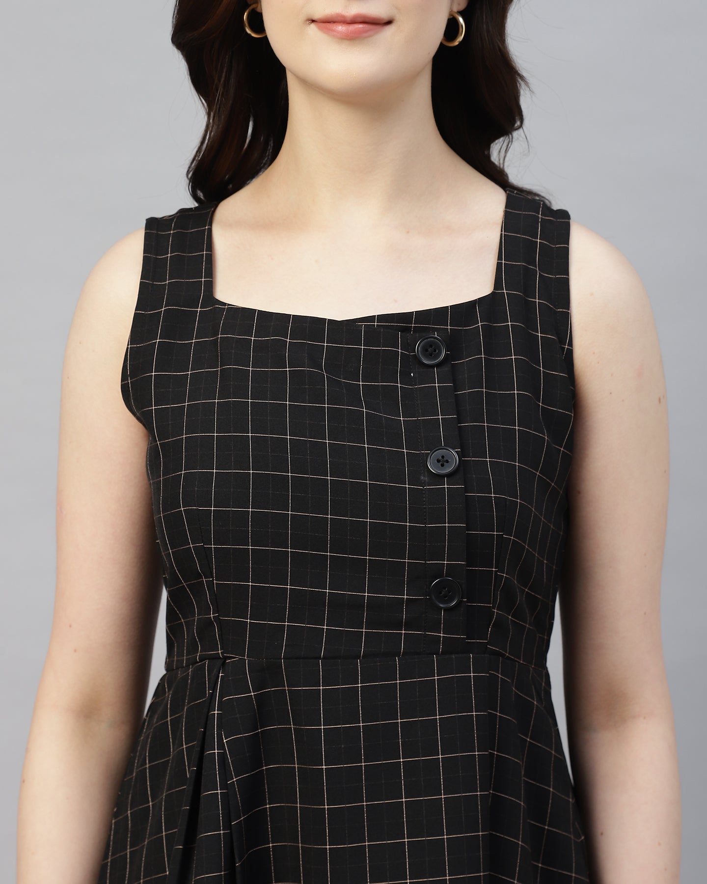 BLACK BUTTONED PLAID PINAFORE DRESS-2949