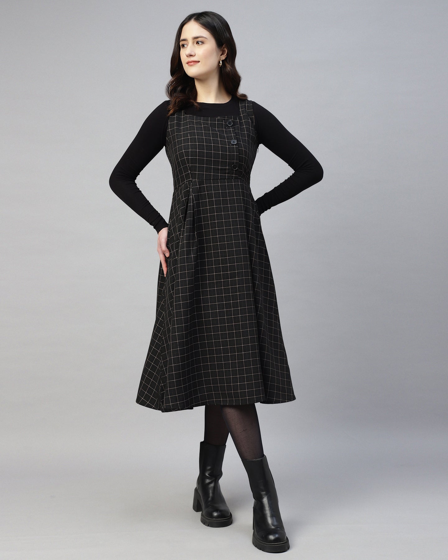 BLACK BUTTONED PLAID PINAFORE DRESS-2949