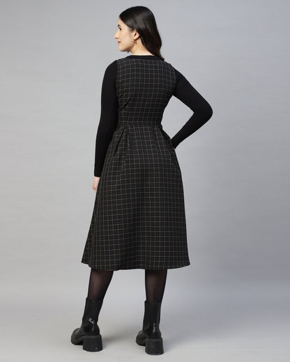 BLACK BUTTONED PLAID PINAFORE DRESS-2949