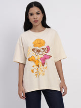 Ivory-colored T-shirt featuring a beautiful floral-inspired print - 2773