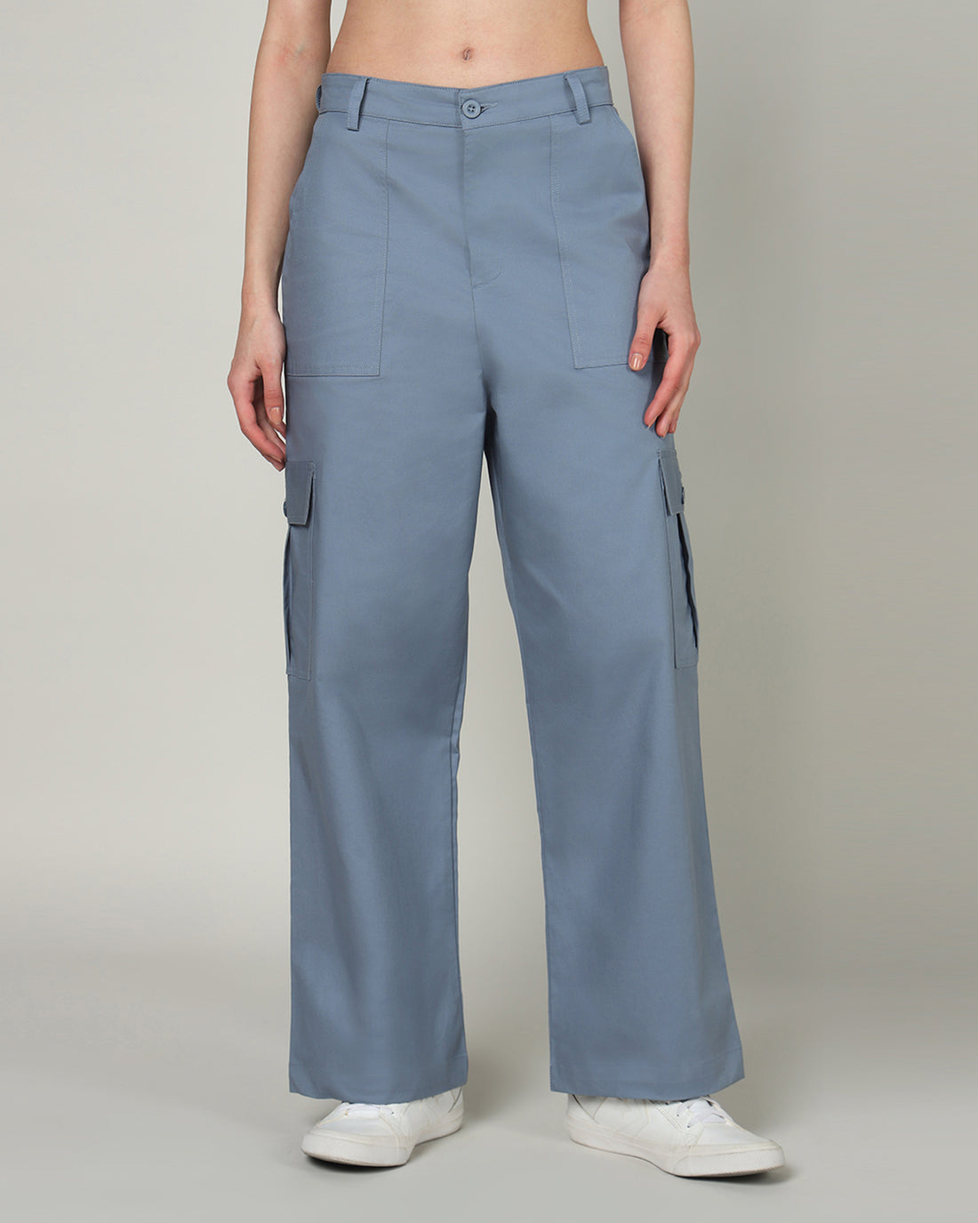 Women’s Blue Wide-Leg Cargo Pants with Flap Pockets - 3095