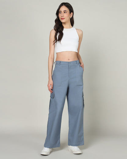 Women’s Blue Wide-Leg Cargo Pants with Flap Pockets - 3095