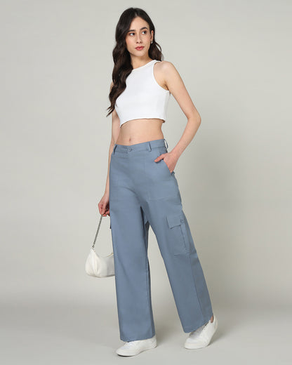 Women’s Blue Wide-Leg Cargo Pants with Flap Pockets - 3095