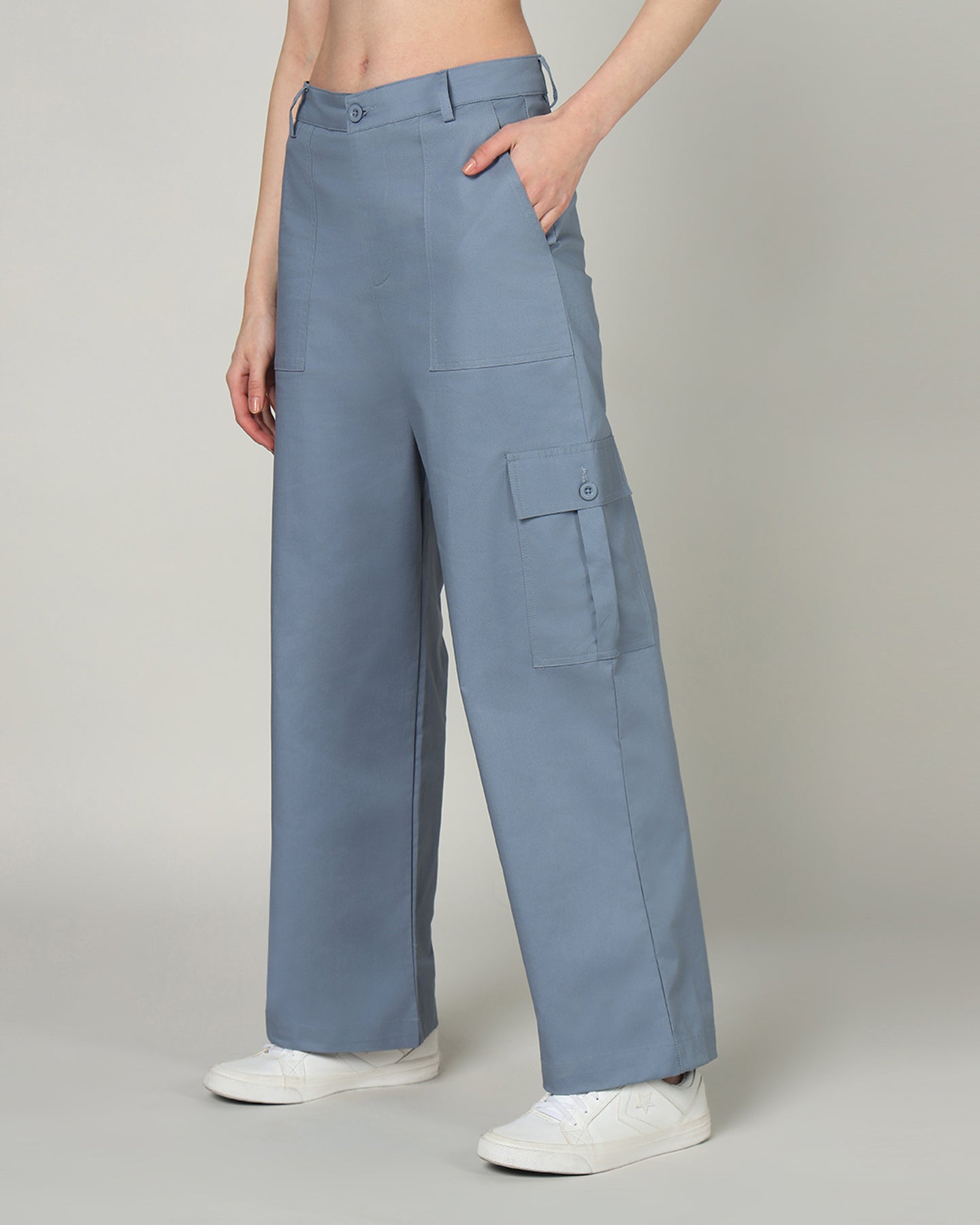 Women’s Blue Wide-Leg Cargo Pants with Flap Pockets - 3095