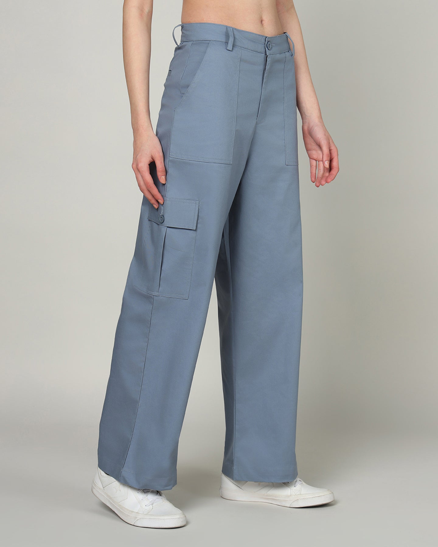 Women’s Blue Wide-Leg Cargo Pants with Flap Pockets - 3095