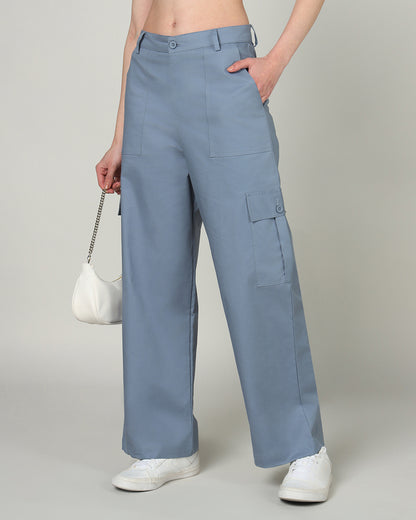 Women’s Blue Wide-Leg Cargo Pants with Flap Pockets - 3095