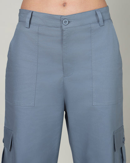 Women’s Blue Wide-Leg Cargo Pants with Flap Pockets - 3095