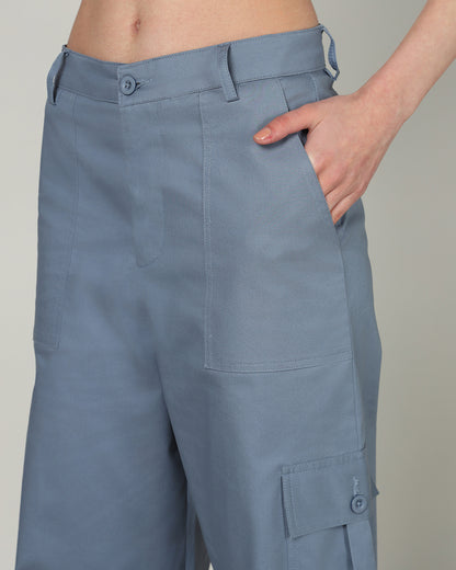 Women’s Blue Wide-Leg Cargo Pants with Flap Pockets - 3095