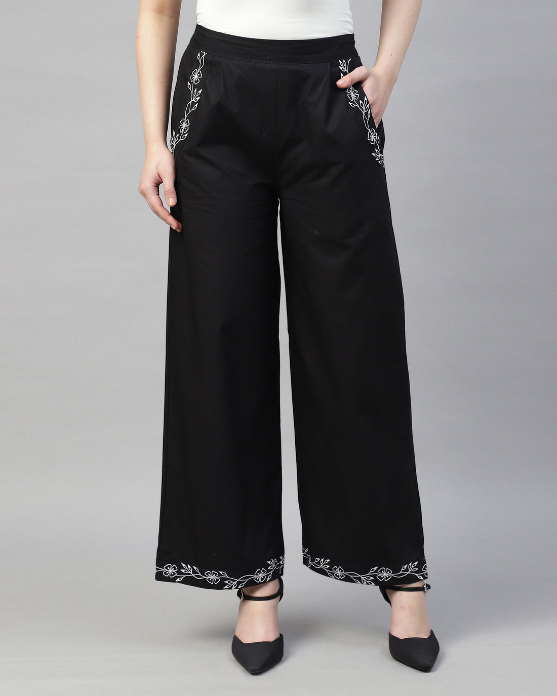 BLACK POPLIN EMBROIDERED HIGH WAIST TROUSER - 2946