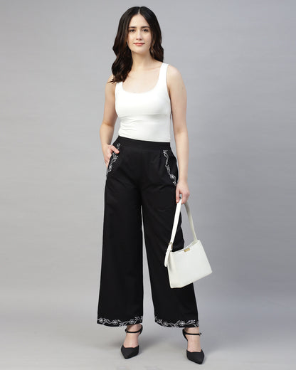 BLACK POPLIN EMBROIDERED HIGH WAIST TROUSER - 2946