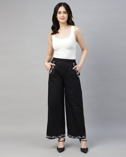 BLACK POPLIN EMBROIDERED HIGH WAIST TROUSER - 2946