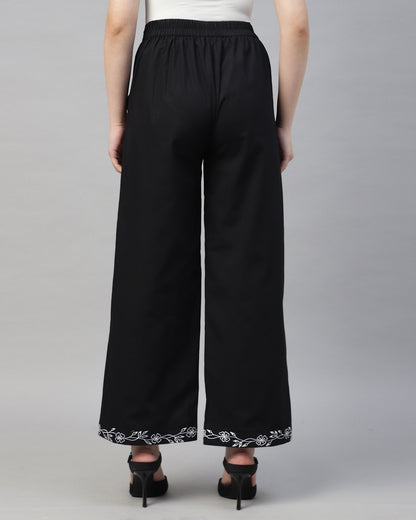 BLACK POPLIN EMBROIDERED HIGH WAIST TROUSER - 2946