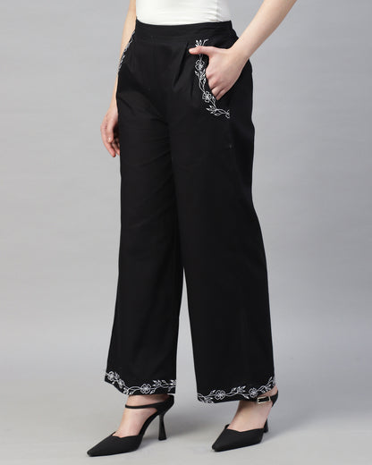 BLACK POPLIN EMBROIDERED HIGH WAIST TROUSER - 2946