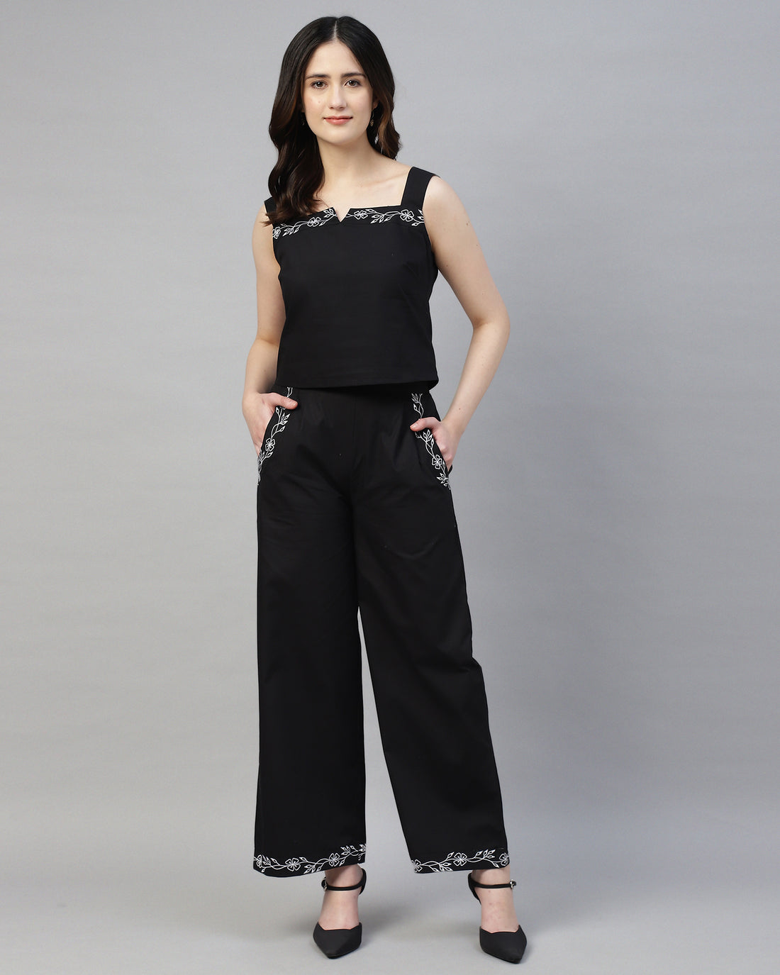 BLACK POPLIN EMBROIDERED CORD SET-2944