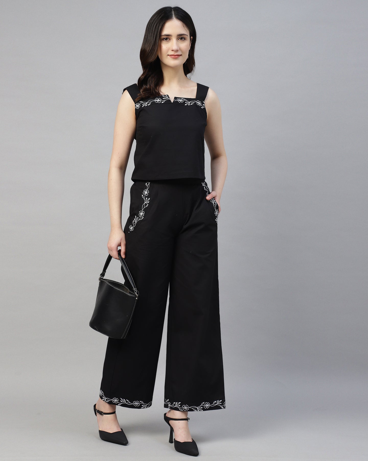 BLACK POPLIN EMBROIDERED CORD SET-2944