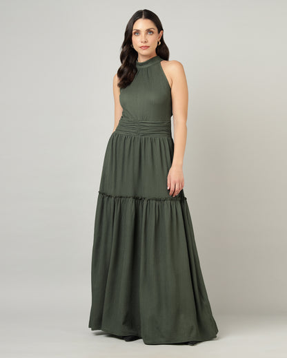 Women’s Olive Halter Neck Gathered Maxi Dress-3079