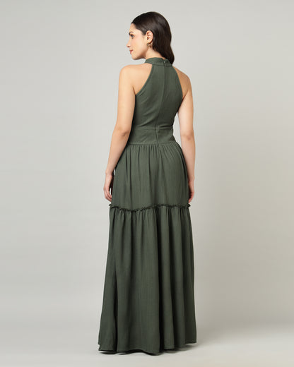 Women’s Olive Halter Neck Gathered Maxi Dress-3079