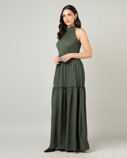 Women’s Olive Halter Neck Gathered Maxi Dress-3079