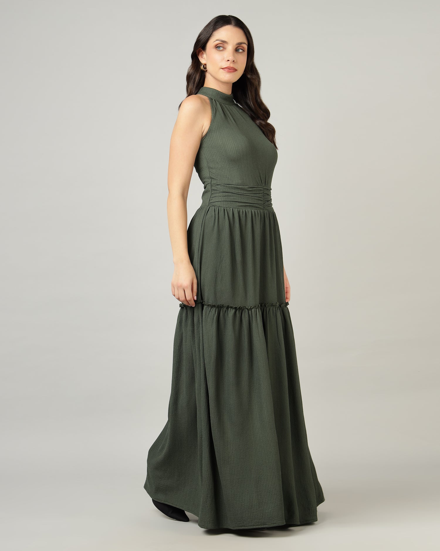 Women’s Olive Halter Neck Gathered Maxi Dress-3079