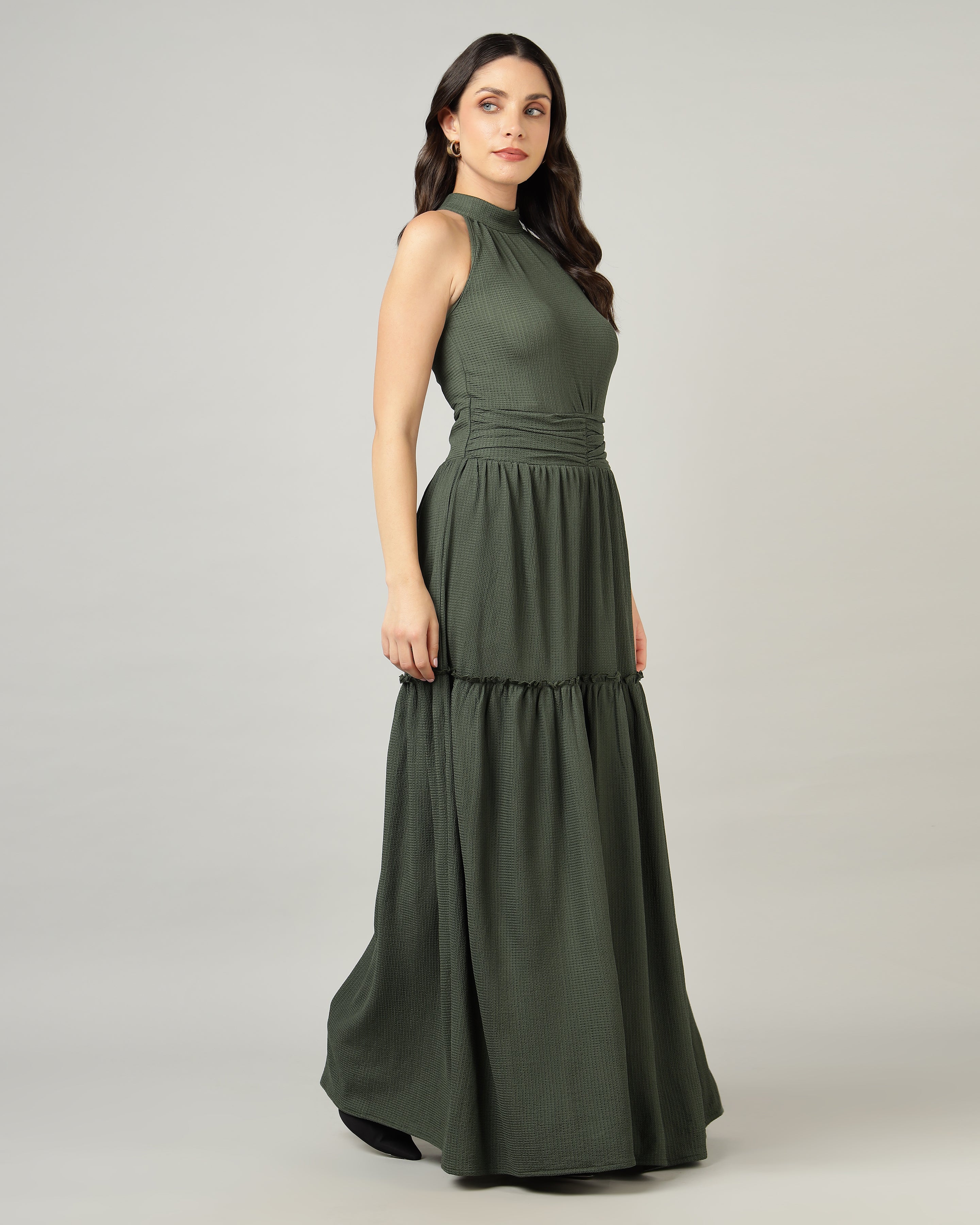 Women’s Olive Halter Neck Gathered Maxi Dress-3079