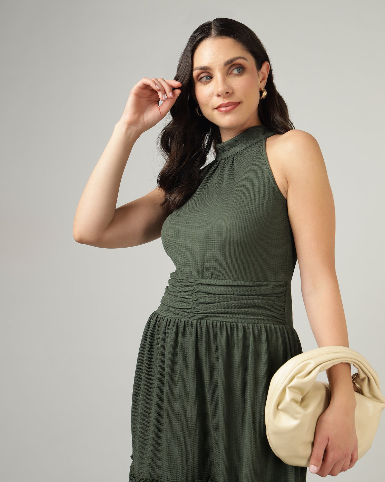 Women’s Olive Halter Neck Gathered Maxi Dress-3079